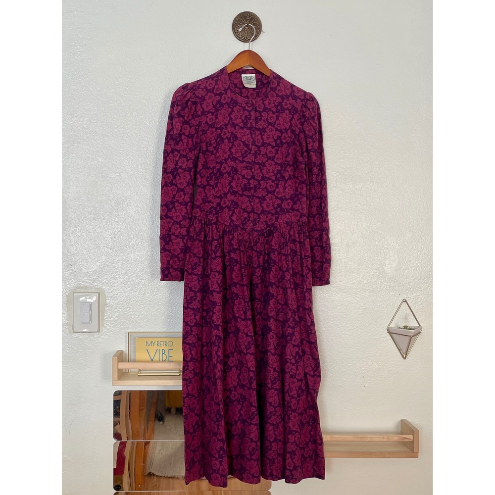 Vintage Laura Ashley Floral Midi Dress Purple Cotton Wool Blend Size 10 USA Made
